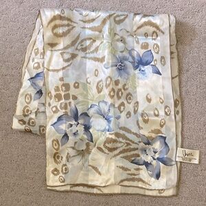 VTG Vera Neumann blue & taupe floral silk scarf, 10'' x 52''.
